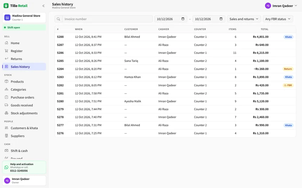 The sales history list
